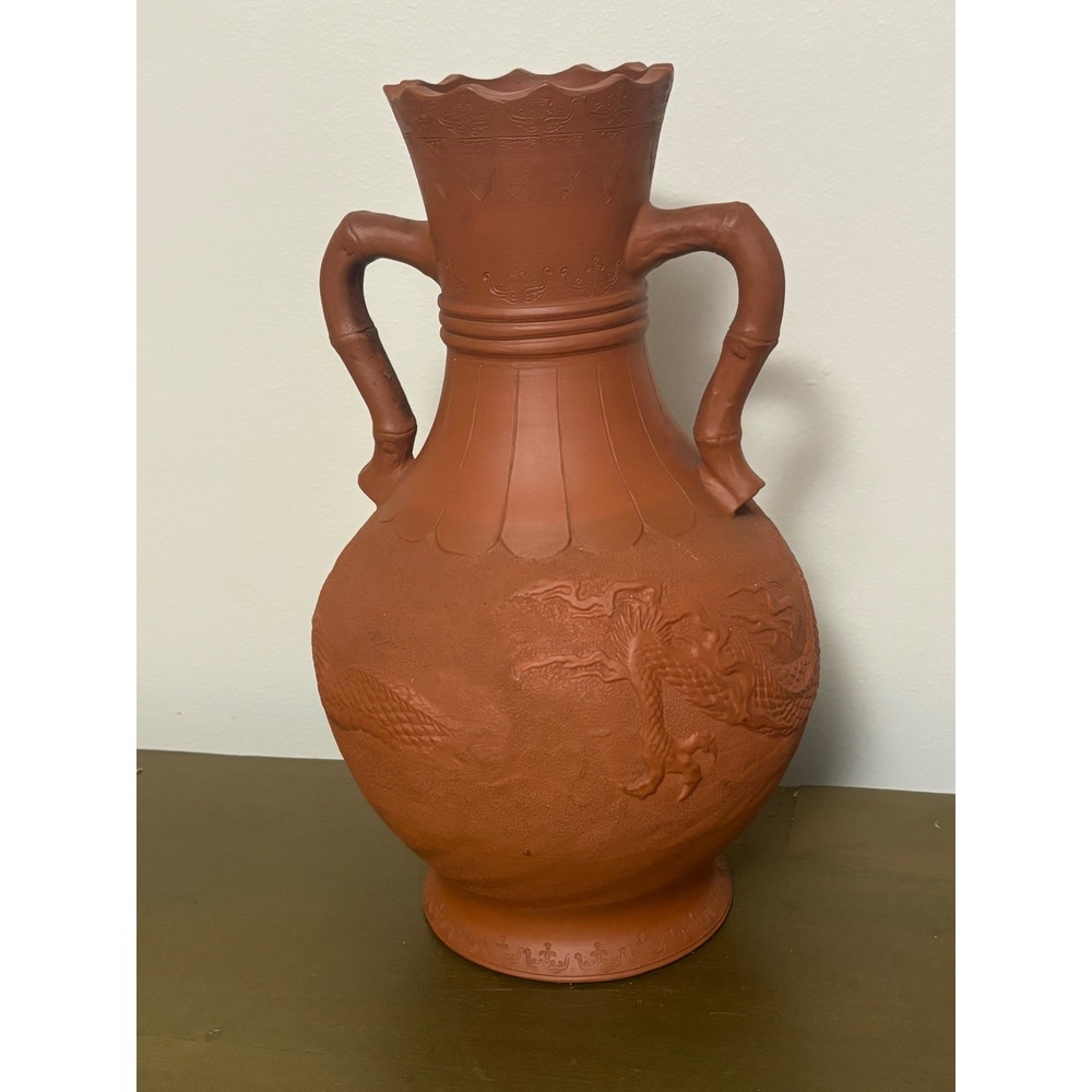 Vintage Terracotta Dragon Vase Bamboo Handles Embossed Red Clay Pottery Decor